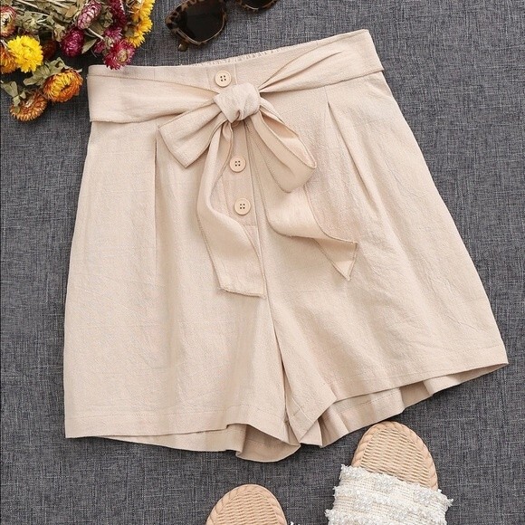 Button Front Belted Solid Shorts - Picture 1 of 1